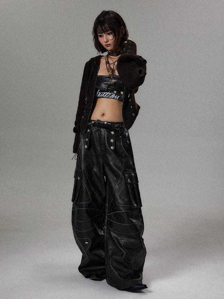 Vintage Washed Curved Leather Pants【s0000018492】