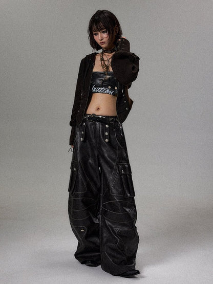 Vintage Washed Curved Leather Pants【s0000018492】