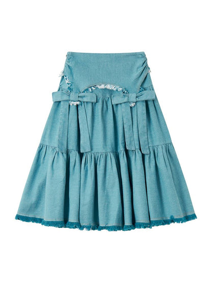 Bow Fringe Patchwork Denim Skirt【s0000013928】