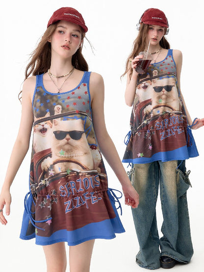 American Cat Print Vintage Tank Dress【s0000017676】
