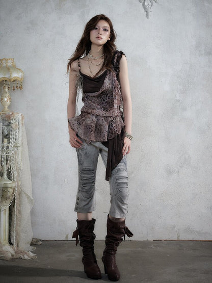 Distressed Lace Print Cropped Pants【s0000017860】