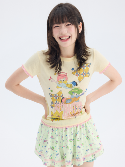 Star Angel Print Lace Short Sleeve Tee【s0000017696】