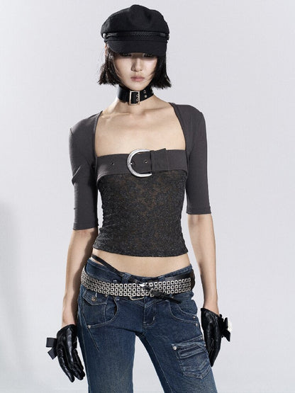 Patchwork Lace Leather Button Top【s0000018478】