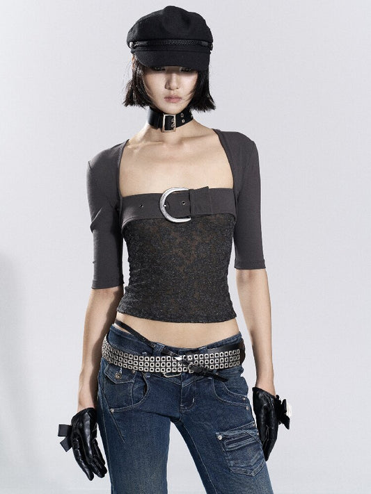 Patchwork Lace Leather Button Top【s0000018478】