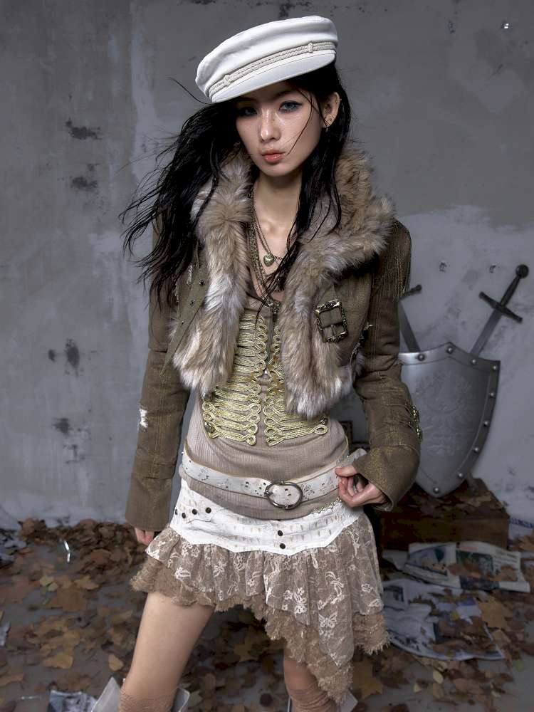 Washed Ripped Gold Filigree Denim Coat【s0000014653】