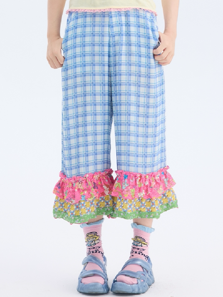 Plaid Patchwork Lace Cropped Pants【s0000017697】