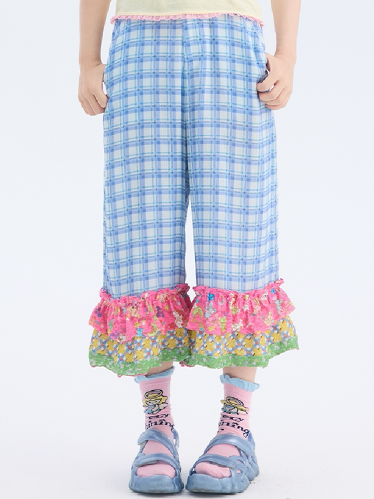 Plaid Patchwork Lace Cropped Pants【s0000017697】