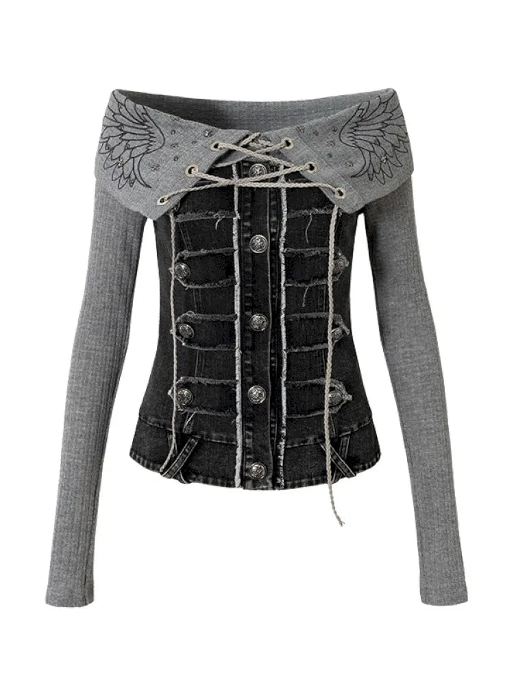 Rhinestone Off-Shoulder Long-Sleeve T-Shirt【s0000014118】