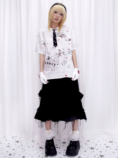 Tattered Black Denim Skirt【s0000013884】