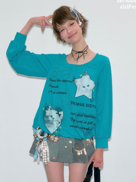 Lantern Sleeve Cat Print T-Shirt【s0000017877】