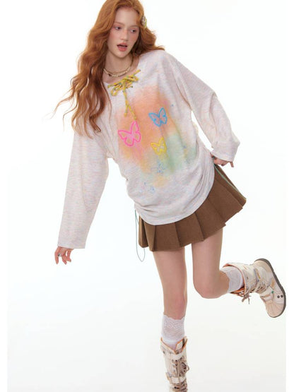 Butterfly Print V-Neck Strap Long Sleeve T-Shirt【s0000014360】