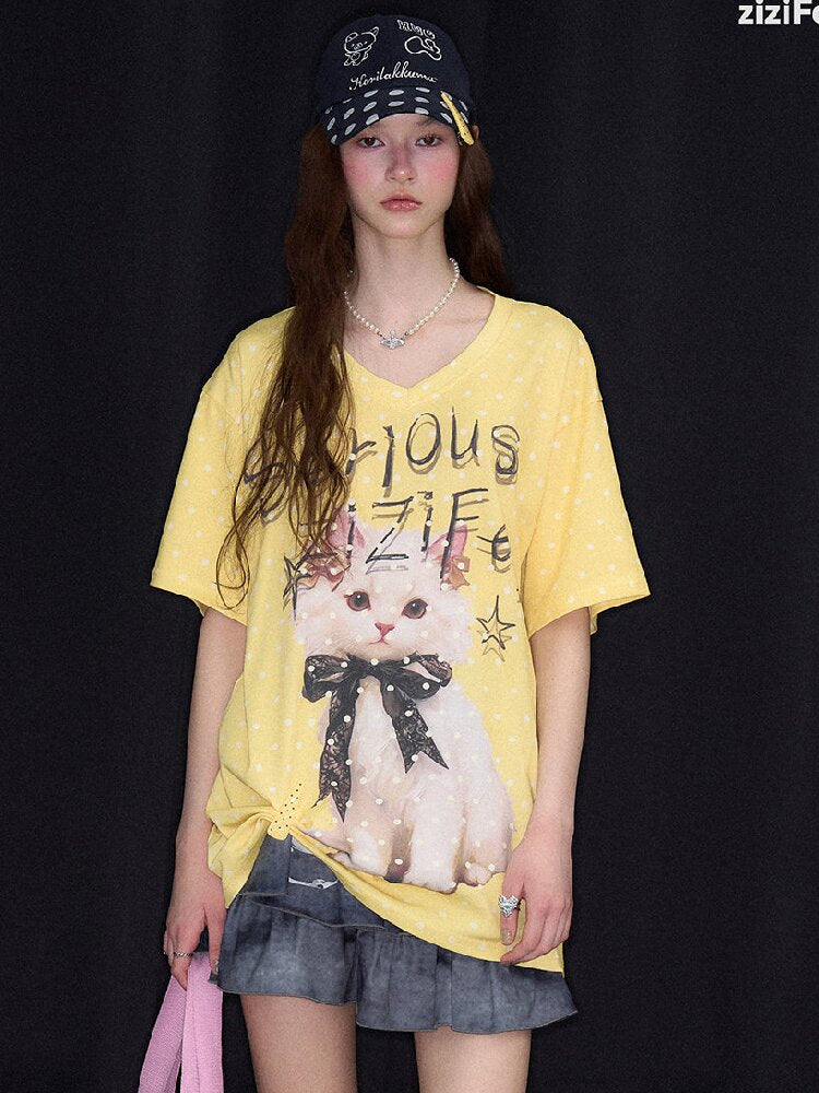 Loose Polka Dot Cat Print T-Shirt【s0000016857】