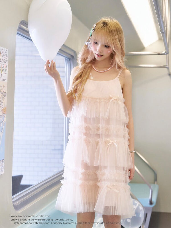 Pink Mesh Bow Puffy Slip Dress【s0000016366】