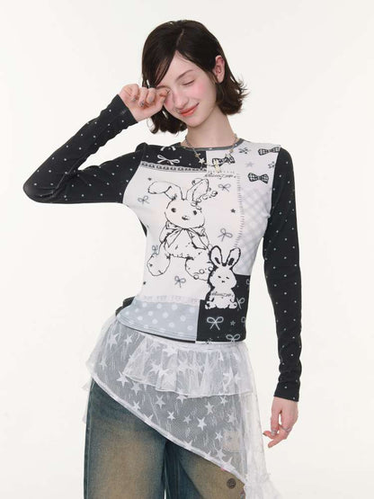 Rabbit Print Bow Contrast Top【s0000015433】