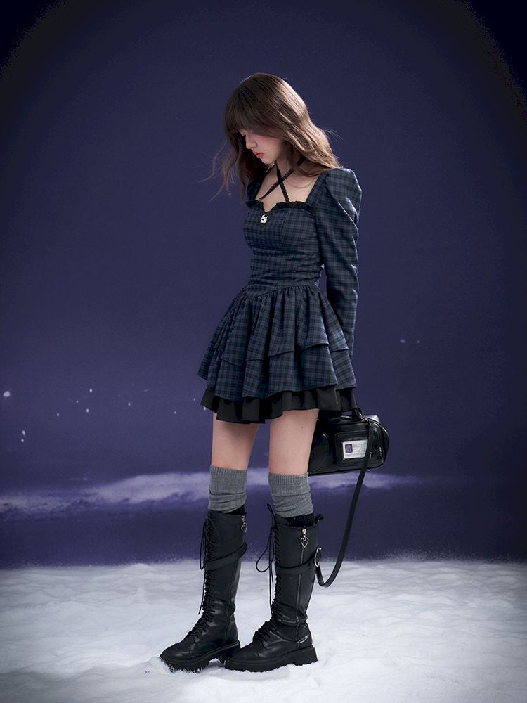 Check Neck Cake Dress【s0000011659】