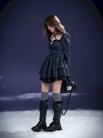 Check Neck Cake Dress【s0000011659】