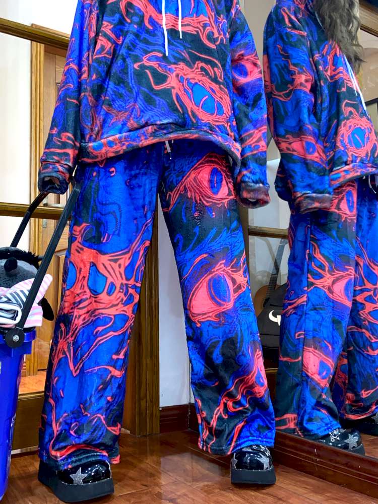 Blue Cell Plush Print Wide-Leg Pants【s0000014869】