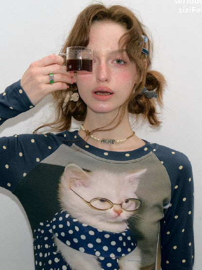 Navy Polka Dot Cat Print Shirt【s0000017894】