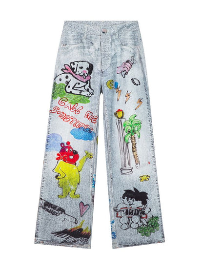 White Graffiti Denim Trousers【s0000013337】