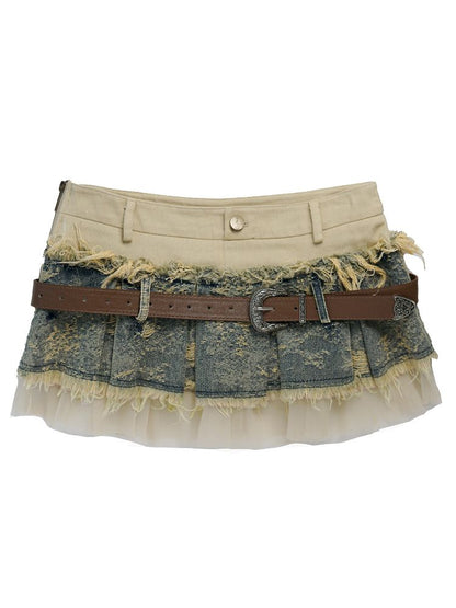 Denim Mesh Reconstructed Pleated Skirt【s0000009370】