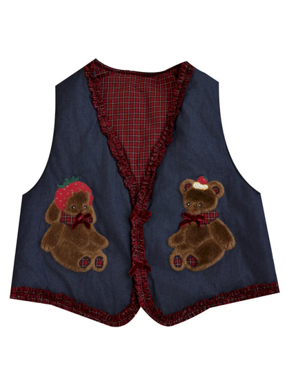 Cotton-trimmed plaid vest【s0000014171】