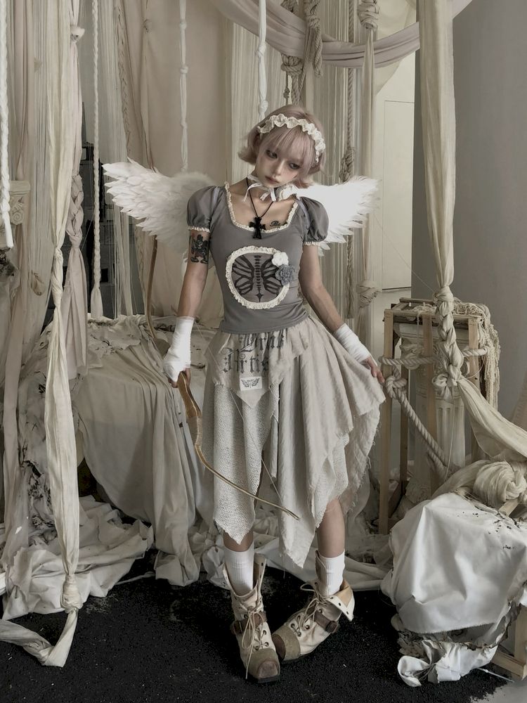 Irregular Patchwork Printed Old Tattered Half Skirt