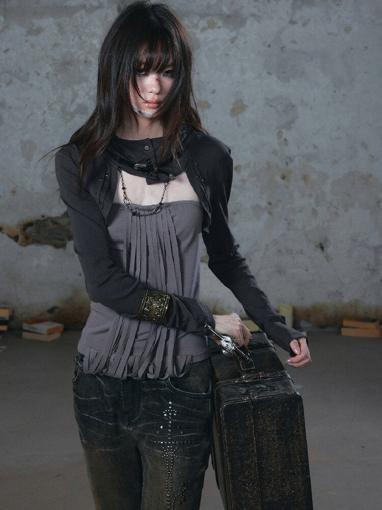 Distressed Hooded Tassel Top【s0000018104】