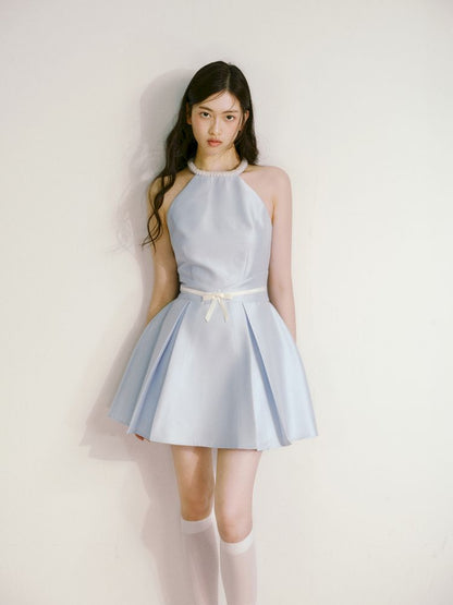 Satin Pearls Hanging Neck Dress【s0000013246】