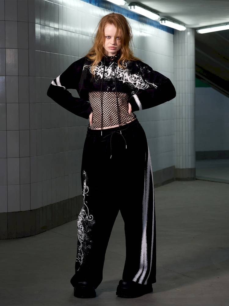 Splatter-Printed Lace-Trimmed Faux Two-Piece Hoodie【s0000014418】