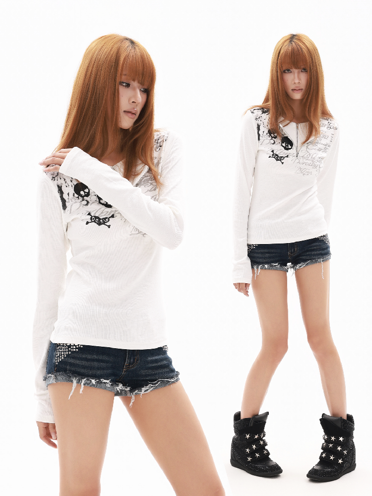Heart Skull Cotton Long-Sleeve T【s0000018351】