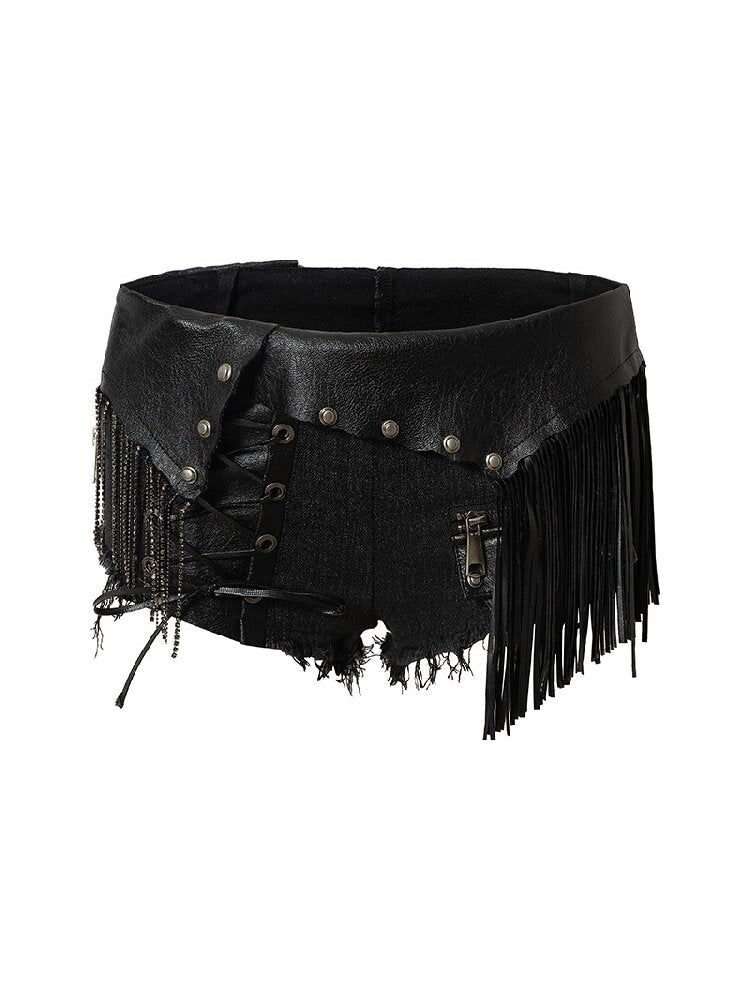Chain Fringe Patchwork Denim Shorts【s0000016980】