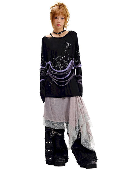 Starry Night Rhinestone Long Sleeve T-Shirt【s0000010505】