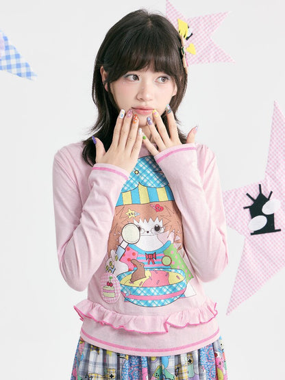 Pink Illustration Lace Long Sleeve T-Shirt【s0000018373】