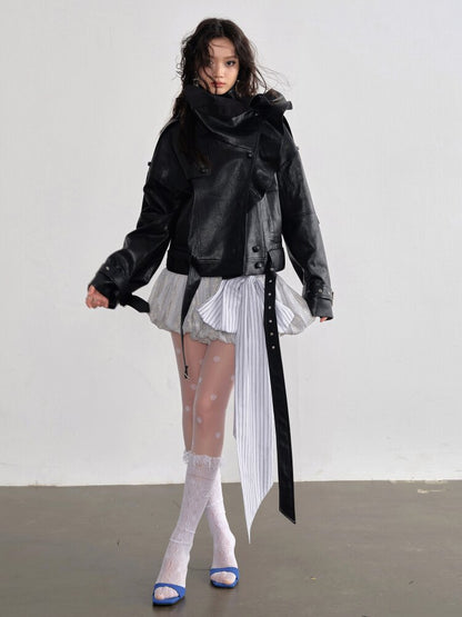 Ruffle Stand Collar PU Leather Jacket【s0000015696】