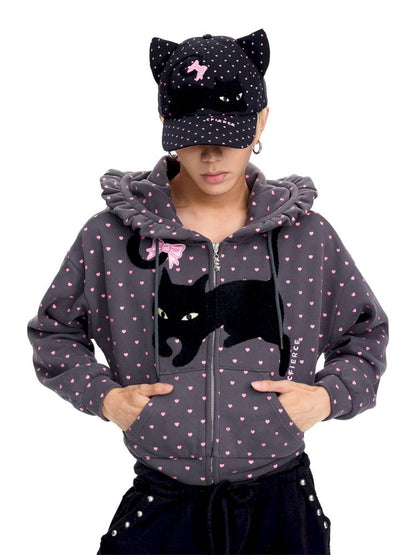 Black Cat Embroidered Cat Ear Hoodie Jacket【s0000014422】