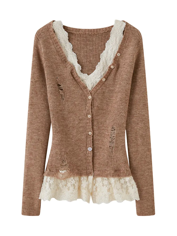 Slim-Fit V-Neck Off-Shoulder Knit Cardigan【s0000014061】