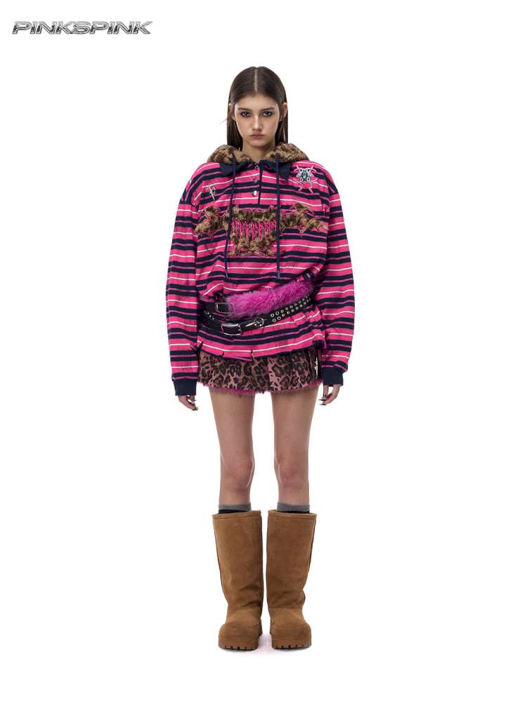 Pink Striped Leopard Cat Ear Hood【s0000015115】