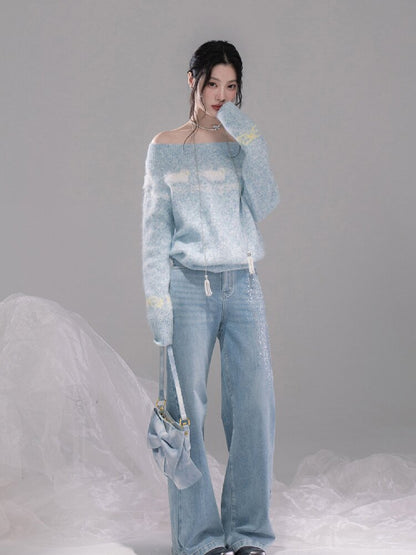 Blue One-Shoulder Jacquard Sweater【s0000015736】