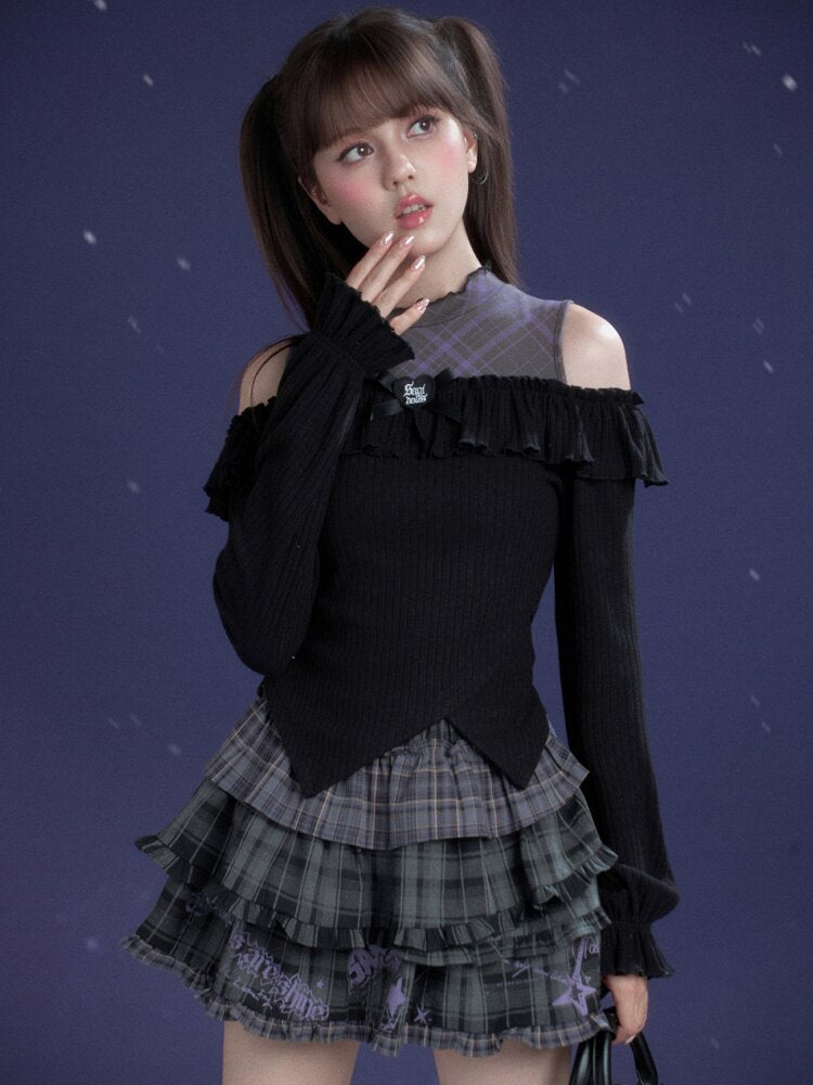 Dark Flower Purple Shoulder Top【s0000015468】