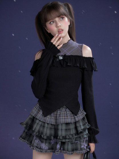 Dark Flower Purple Shoulder Top【s0000015468】