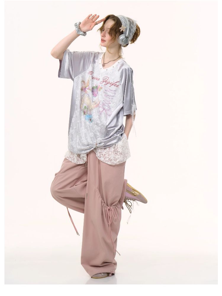 Lace Bow Gray Short Sleeve T-Shirt【s0000012245】