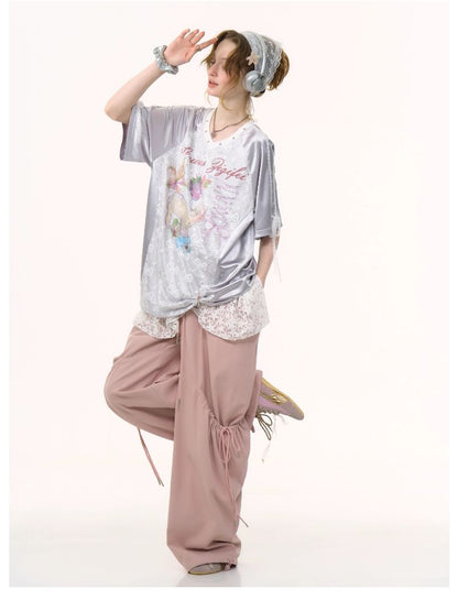 Lace Bow Gray Short Sleeve T-Shirt【s0000012245】