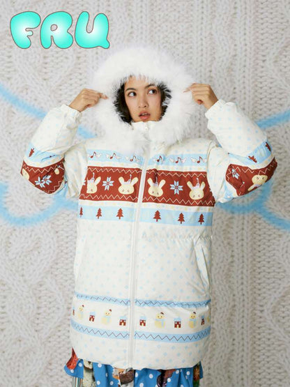 Fair Isle White Hooded Print Down Jacket【s0000014858】