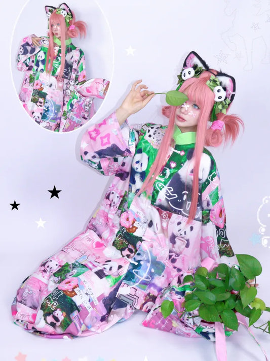 Panda Collage Print Stand Collar Long-Sleeve Top【s0000013981】