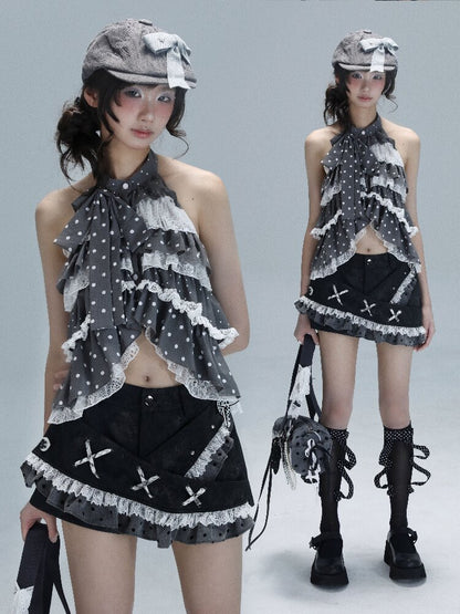 Patchwork Polka Dot Backless Top【s0000016715】