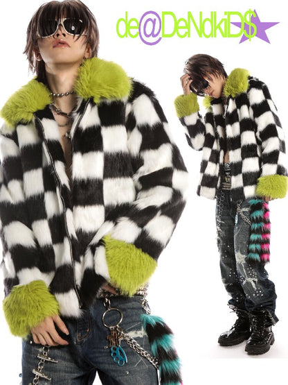 Checkerboard Patchwork Faux Coat【s0000019278】