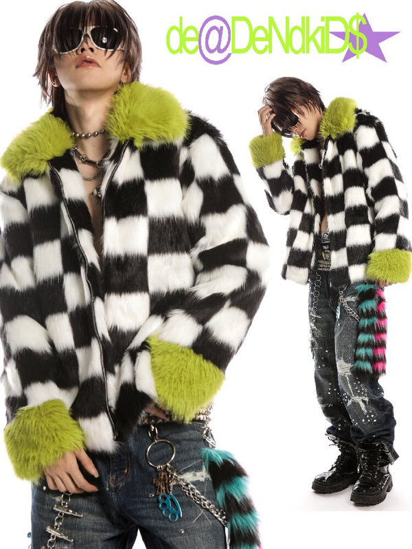 Checkerboard Patchwork Faux Coat【s0000019278】