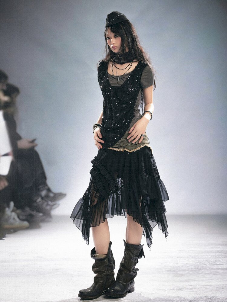 Lace Patchwork Irregular Mesh Skirt【s0000015449】