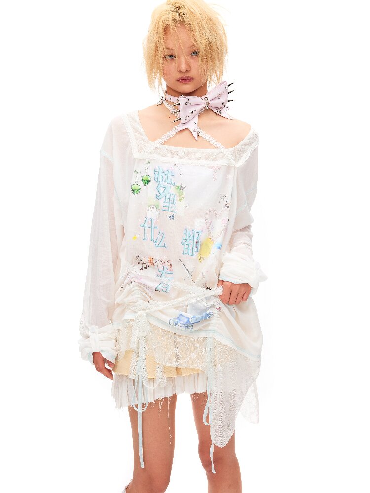 Dream Print Lace Drawstring Top【s0000016491】