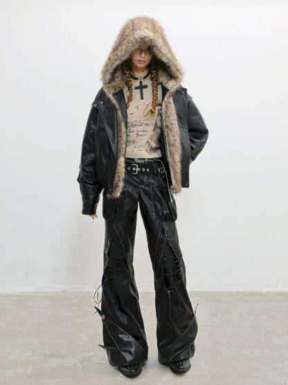 Fur Patchwork Flight Leather Jacket【s0000014838】